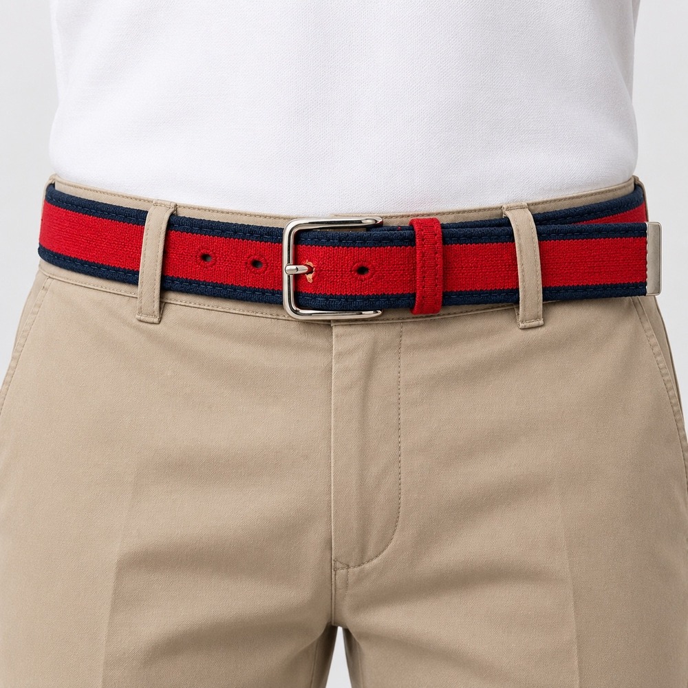 Alexander Olch Size 46 Red Navy Woven Belt Silver Buckle Ivy Trad Collegiate USA